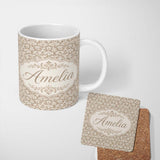 Personalized Custom Name Neutral Taupe Damask Ornamental Vintage Seamless Pattern Name Cute 11oz Ceramic Coffee Tea Mug White Large Handle