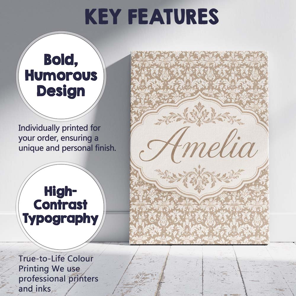 Personalised Name Neutral Taupe Damask Custom  Modern Room Accent Elegant Feature Canvas Wall Art Print Decor Picture Ready to Hang