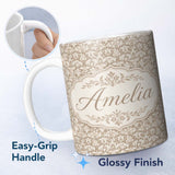 Personalized Custom Name Neutral Taupe Damask Ornamental Vintage Seamless Pattern Name Cute 11oz Ceramic Coffee Tea Mug White Large Handle