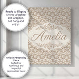 Personalised Name Neutral Taupe Damask Custom  Modern Room Accent Elegant Feature Canvas Wall Art Print Decor Picture Ready to Hang