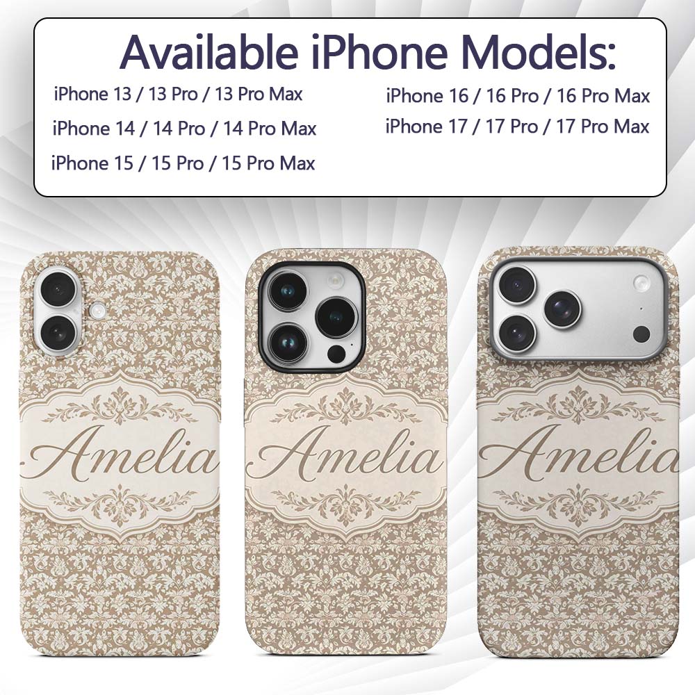 Neutral Taupe Damask Ornamental Vintage Seamless Custom Name Protective Phone Case Mobile Cover Durable Everyday Smartphone Shock Resistant