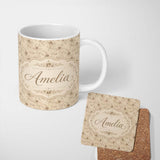 Personalized Custom Name Antique Sepia Floral Vine Botanical Seamless Pattern Name Cute 11oz Ceramic Coffee Tea Mug White Large Handle