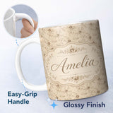 Personalized Custom Name Antique Sepia Floral Vine Botanical Seamless Pattern Name Cute 11oz Ceramic Coffee Tea Mug White Large Handle