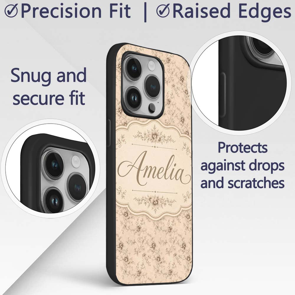 Antique Sepia Floral Vine Botanical Seamless Custom Name Protective Phone Case Mobile Cover Durable Everyday Smartphone Shock Resistant