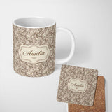 Personalized Custom Name Luxury Baroque Scroll Leaf Ornamental Seamless Pattern Name Cute 11oz Ceramic Coffee Tea Mug White Large Handle