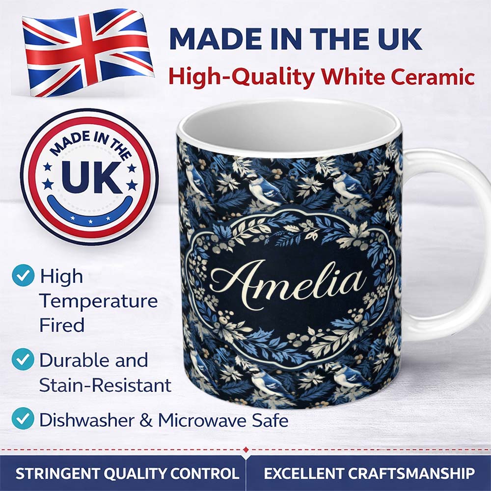 Personalized Custom Name Blue Jay Bird Dark Botanical Leaves Berry Seamless Pattern Lovely 11oz Ceramic Coffee Tea Mug White Large Handle