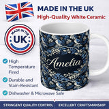 Personalized Custom Name Blue Jay Bird Dark Botanical Leaves Berry Seamless Pattern Lovely 11oz Ceramic Coffee Tea Mug White Large Handle