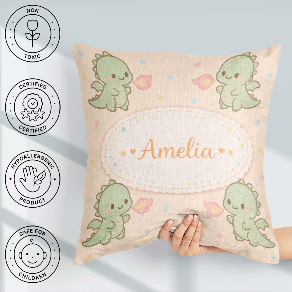 Custom Name Cute Baby Dinosaur Cartoon Animal Pattern Gift Idea Square Filled Cushion Throw Pillow Sofa Bed Home Decor Zip Washable UK Made