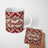 Personalized Custom Name Red Beige Pixel Grid Geometric Abstract Seamless Pattern Lovely 11oz Ceramic Coffee Tea Mug White Large Handle
