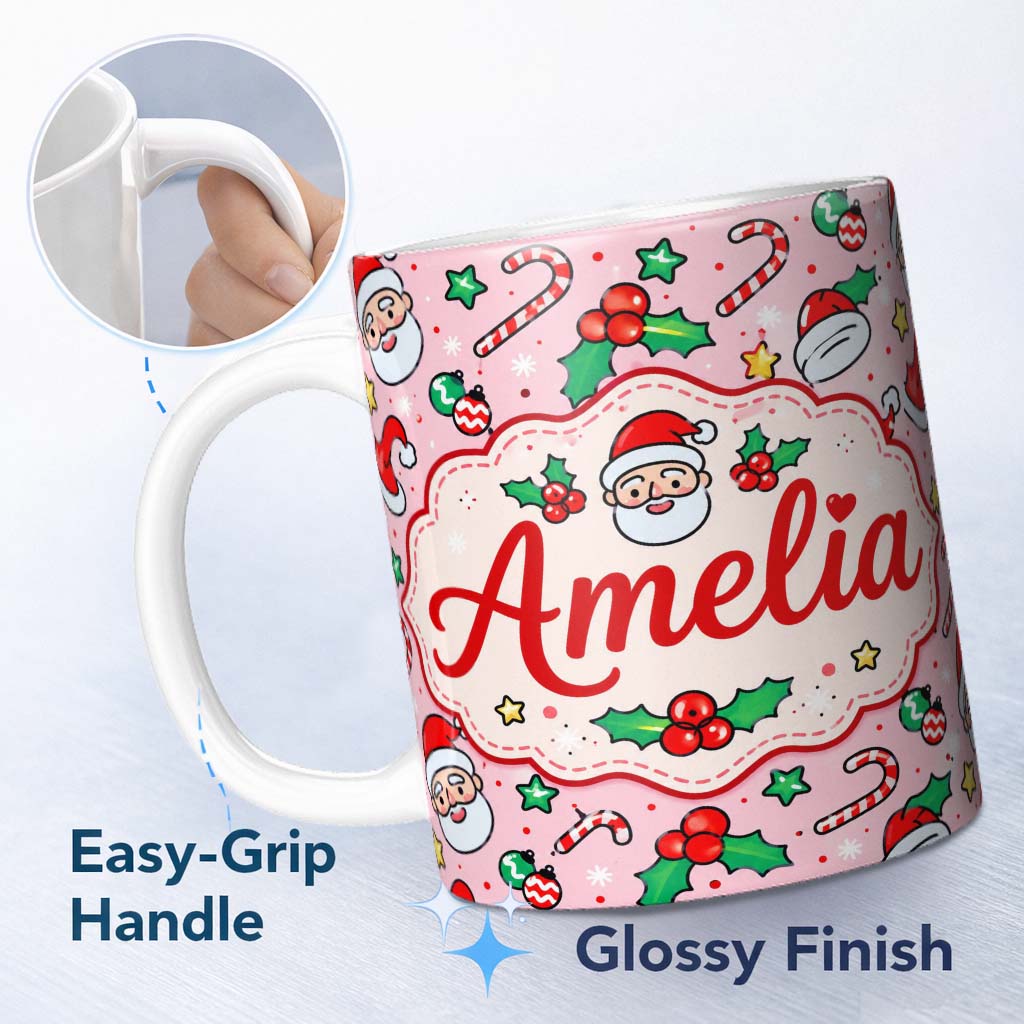 Personalized Custom Name Cute Santa Holly Candy Cane Bauble Seamless Pattern Christmas Lovely 11oz Ceramic Coffee Tea Mug White Large Handle