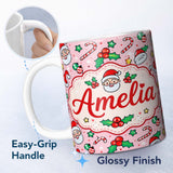 Personalized Custom Name Cute Santa Holly Candy Cane Bauble Seamless Pattern Christmas Lovely 11oz Ceramic Coffee Tea Mug White Large Handle