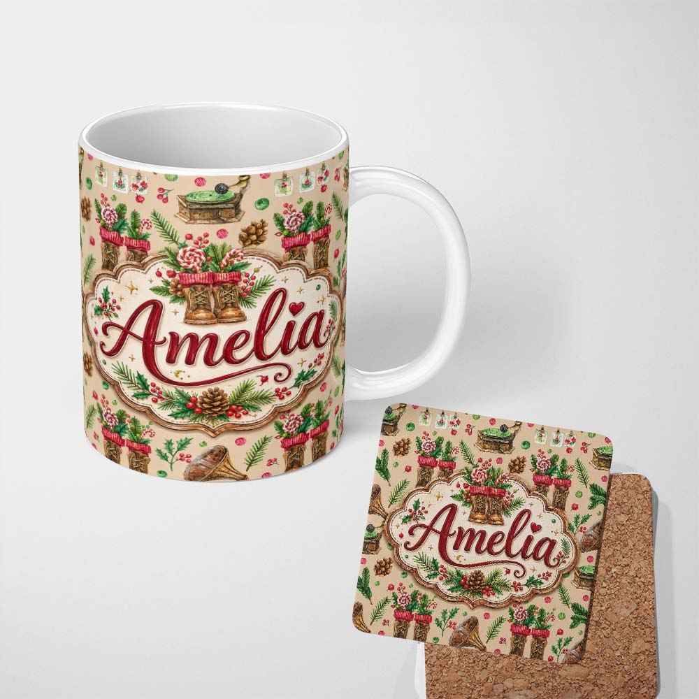 Personalized Custom Name Rustic Christmas Boots Gramophone Pinecone Festive Seamless Pattern 11oz Ceramic Coffee Tea Mug White Large Handle