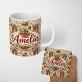 Personalized Custom Name Rustic Christmas Boots Gramophone Pinecone Festive Seamless Pattern 11oz Ceramic Coffee Tea Mug White Large Handle