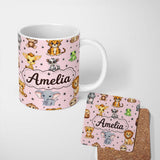 Personalized Custom Name Cute Cartoon Safari Animals with Stars on Pink Background Nursery 11oz Ceramic Coffee Tea Mug White Large Handle