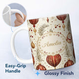 Personalized Custom Name Elegant Red Gold Christmas Baubles Pine Branch Seamless Pattern 11oz Ceramic Coffee Tea Mug White Large Handle