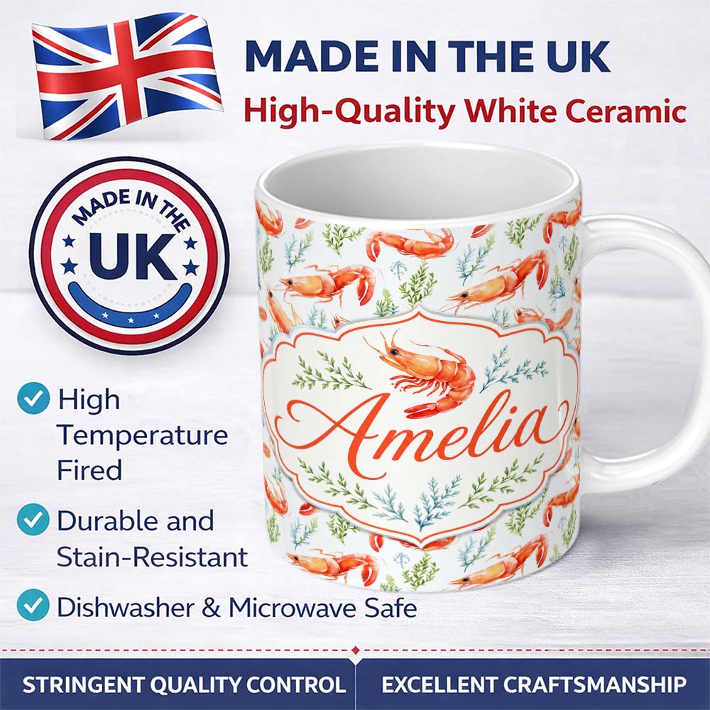 Personalized Custom Name Watercolour Prawn and Seaweed Coastal Seamless Pattern Lovely 11oz Ceramic Coffee Tea Mug White Large Handle
