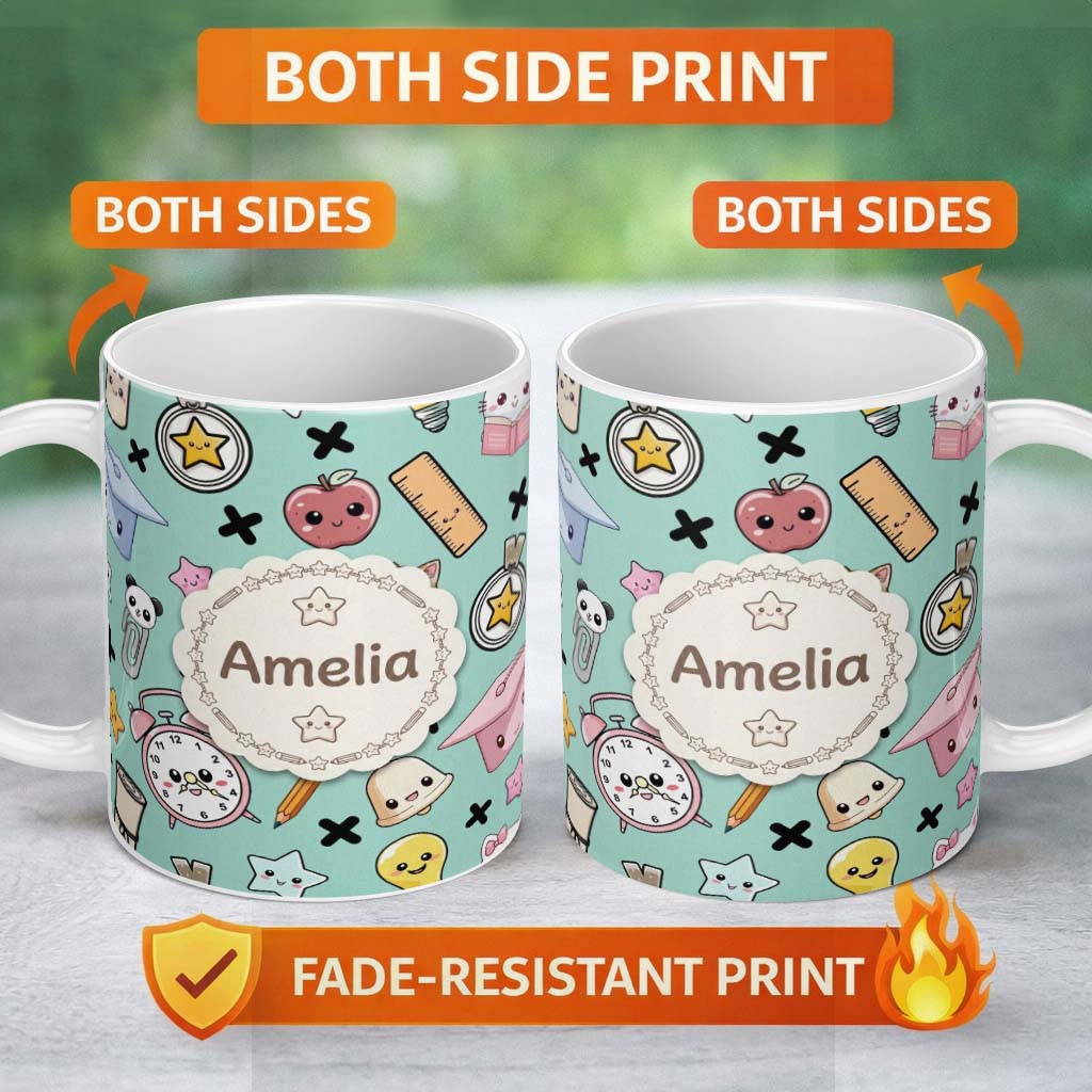 Personalized Custom Name Cute Kawaii School Supplies And Study Seamless Pattern Mint Lovely 11oz Ceramic Coffee Tea Mug White Large Handle