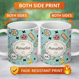 Personalized Custom Name Cute Kawaii School Supplies And Study Seamless Pattern Mint Lovely 11oz Ceramic Coffee Tea Mug White Large Handle