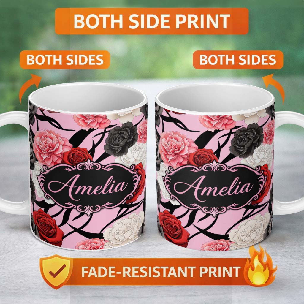 Personalized Custom Name Elegant Rose Floral with Black Red and White Flowers on Soft Pink 11oz Ceramic Coffee Tea Mug White Large Handle