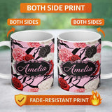 Personalized Custom Name Elegant Rose Floral with Black Red and White Flowers on Soft Pink 11oz Ceramic Coffee Tea Mug White Large Handle
