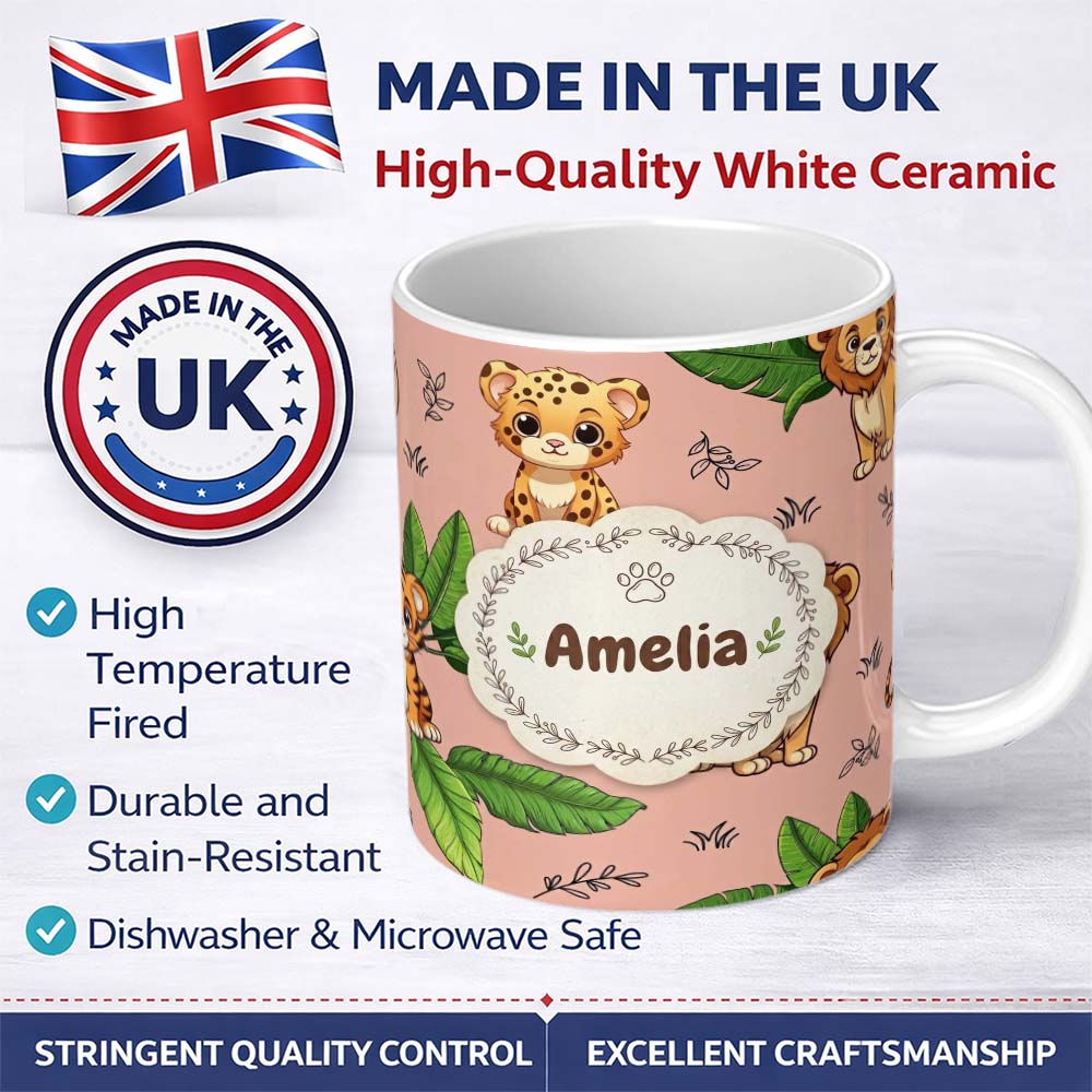 Personalized Custom Name Cute Jungle Animals Lion Tiger Leopard Tropical Leaves Seamless 11oz Ceramic Coffee Tea Mug White Large Handle