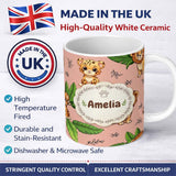 Personalized Custom Name Cute Jungle Animals Lion Tiger Leopard Tropical Leaves Seamless 11oz Ceramic Coffee Tea Mug White Large Handle