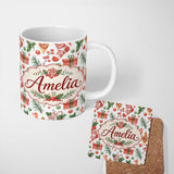 Personalized Custom Name Cute Christmas Stocking Gifts Holly Leaves Seamless Pattern Lovely 11oz Ceramic Coffee Tea Mug White Large Handle