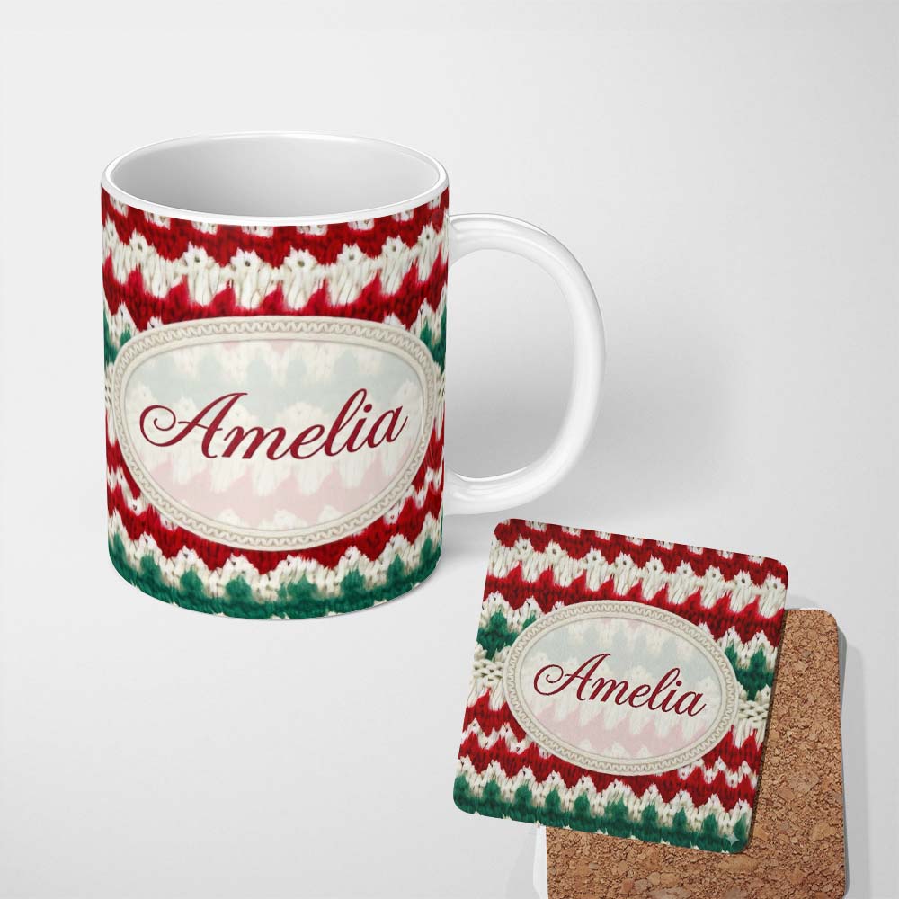 Personalized Custom Name Rustic Red Green Watercolor Knit Texture Seamless Pattern Lovely 11oz Ceramic Coffee Tea Mug White Large Handle