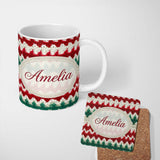 Personalized Custom Name Rustic Red Green Watercolor Knit Texture Seamless Pattern Lovely 11oz Ceramic Coffee Tea Mug White Large Handle