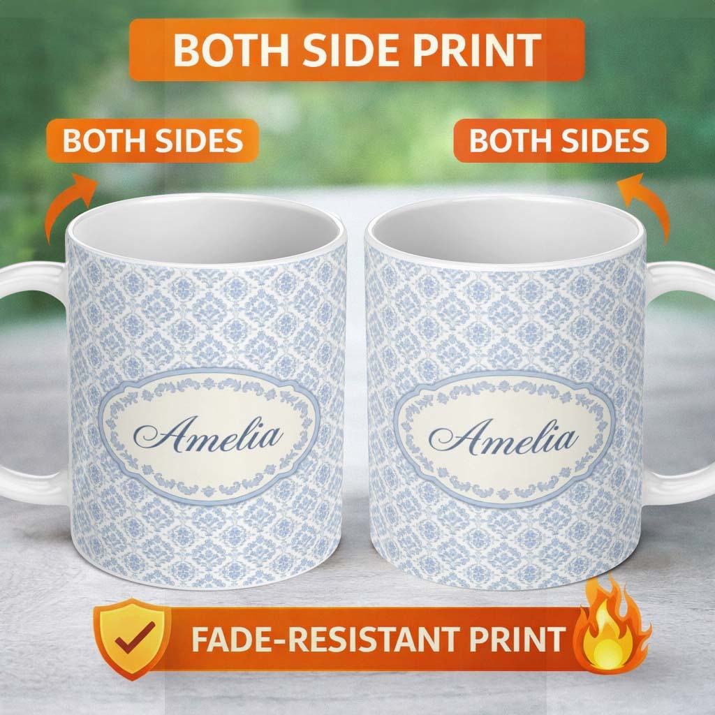 Personalized Custom Name Vintage Blue Damask Classic Seamless Pattern Cute Unique Gift Lovely 11oz Ceramic Coffee Tea Mug White Large Handle