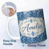 Personalized Custom Name Abstract Blue Tropical Leaf Painterly Seamless Pattern Lovely 11oz Ceramic Coffee Tea Mug White Large Handle