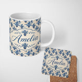 Personalized Custom Name Blue Potted Plant Botanical Vintage Seamless Pattern Lovely 11oz Ceramic Coffee Tea Mug White Large Handle