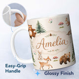Personalized Custom Name Bear Bunny Squirrel Trees Mushrooms Butterfly Soft White Seamless 11oz Ceramic Coffee Tea Mug White Large Handle
