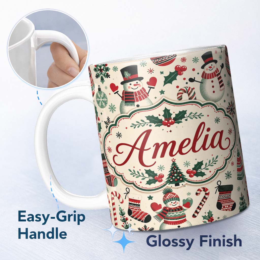Personalized Custom Name Cute Snowman Candy Cane Trees Seamless Pattern Festive Holiday 11oz Ceramic Coffee Tea Mug White Large Handle