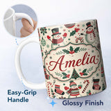 Personalized Custom Name Cute Snowman Candy Cane Trees Seamless Pattern Festive Holiday 11oz Ceramic Coffee Tea Mug White Large Handle