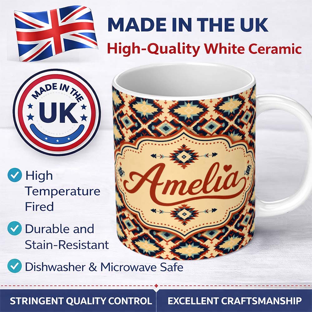 Personalized Custom Name Bold Geometric Navajo Diamond Pattern in Red Navy and Cream Lovely 11oz Ceramic Coffee Tea Mug White Large Handle