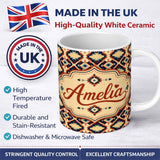 Personalized Custom Name Bold Geometric Navajo Diamond Pattern in Red Navy and Cream Lovely 11oz Ceramic Coffee Tea Mug White Large Handle