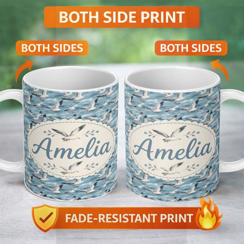 Personalized Custom Name Realistic Seagulls Over Blue Sea Waves Seamless Pattern Lovely 11oz Ceramic Coffee Tea Mug White Large Handle