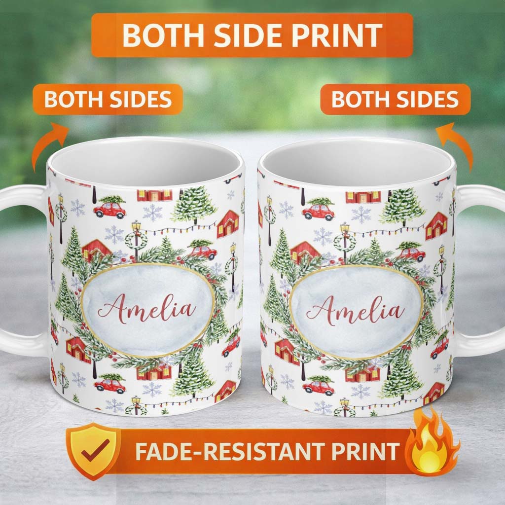 Personalized Custom Name Winter Village with Red Houses Cars and Snowy Trees Seamless Pattern 11oz Ceramic Coffee Tea Mug White Large Handle