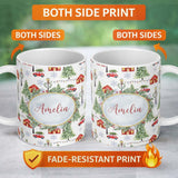 Personalized Custom Name Winter Village with Red Houses Cars and Snowy Trees Seamless Pattern 11oz Ceramic Coffee Tea Mug White Large Handle
