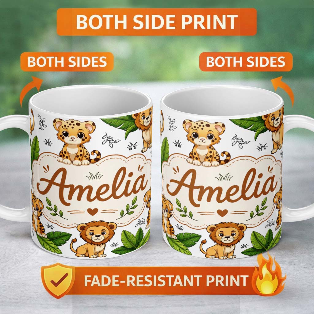 Personalized Custom Name Cute Jungle Animals Lion Tiger Leopard Tropical Leaves Light Grey 11oz Ceramic Coffee Tea Mug White Large Handle