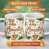 Personalized Custom Name Cute Jungle Animals Lion Tiger Leopard Tropical Leaves Light Grey 11oz Ceramic Coffee Tea Mug White Large Handle