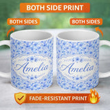 Personalized Custom Name Blue Watercolor Floral Dense Seamless Pattern Elegant Botanical 11oz Ceramic Coffee Tea Mug White Large Handle