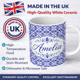 Personalized Custom Name Blue Geometric Floral Tile Seamless Pattern Ornamental Repeat Design 11oz Ceramic Coffee Tea Mug White Large Handle