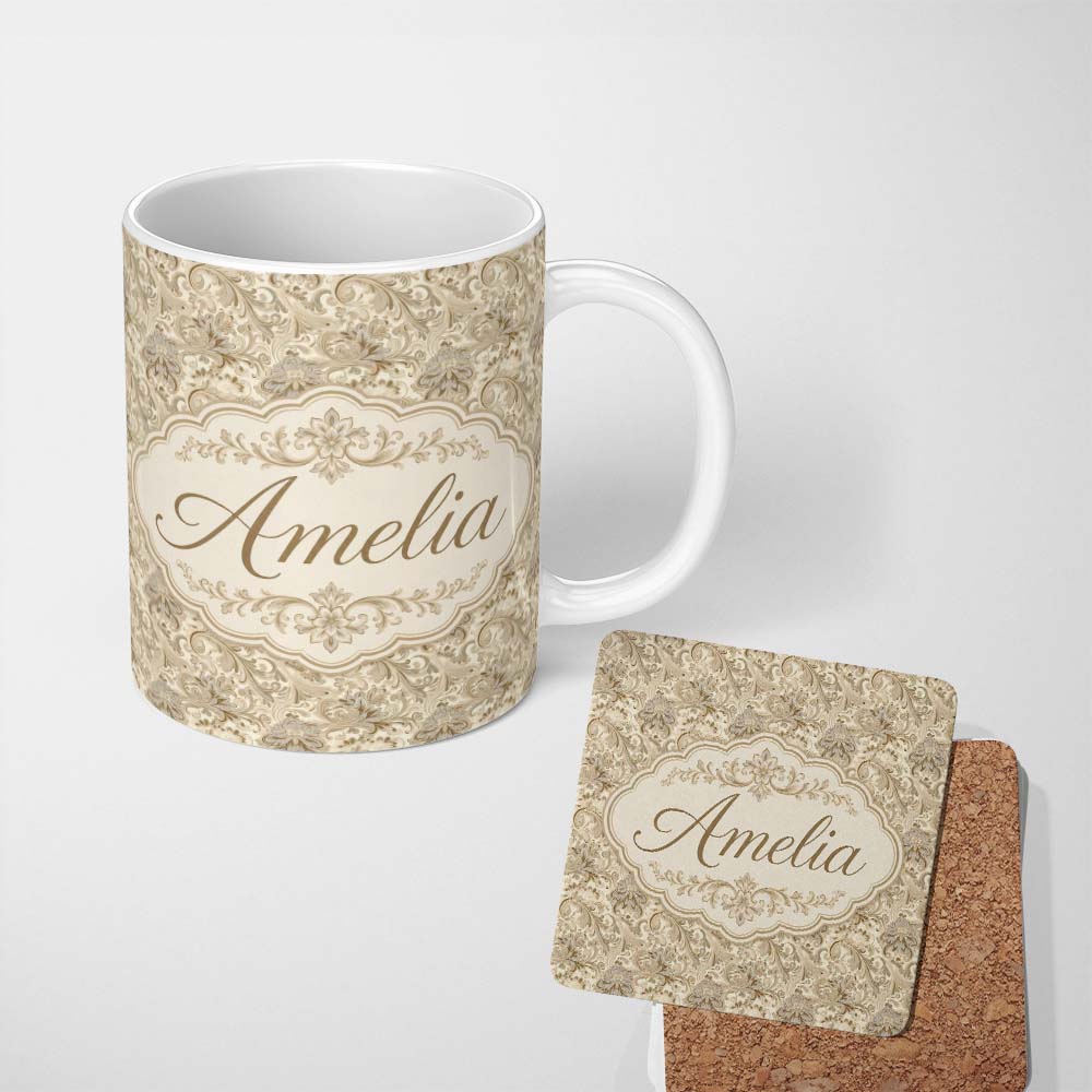 Personalized Custom Name Elegant Beige Floral Damask Scroll Seamless Pattern Name Cute 11oz Ceramic Coffee Tea Mug White Large Handle