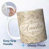 Personalized Custom Name Elegant Beige Floral Damask Scroll Seamless Pattern Name Cute 11oz Ceramic Coffee Tea Mug White Large Handle