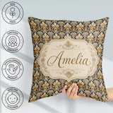 Custom Name Luxury Gold Leaf Damask on Black Background Seamless Square Filled Cushion Throw Pillow Sofa Bed Home Decor Zip Washable UK Made