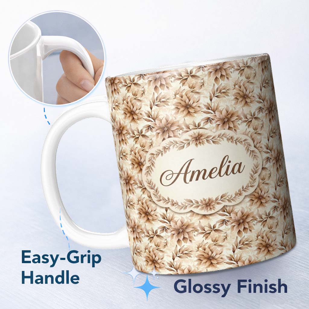 Personalized Custom Name Soft Brown Floral Blossom Vintage Seamless Pattern Name Cute Unique 11oz Ceramic Coffee Tea Mug White Large Handle