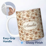Personalized Custom Name Soft Brown Floral Blossom Vintage Seamless Pattern Name Cute Unique 11oz Ceramic Coffee Tea Mug White Large Handle