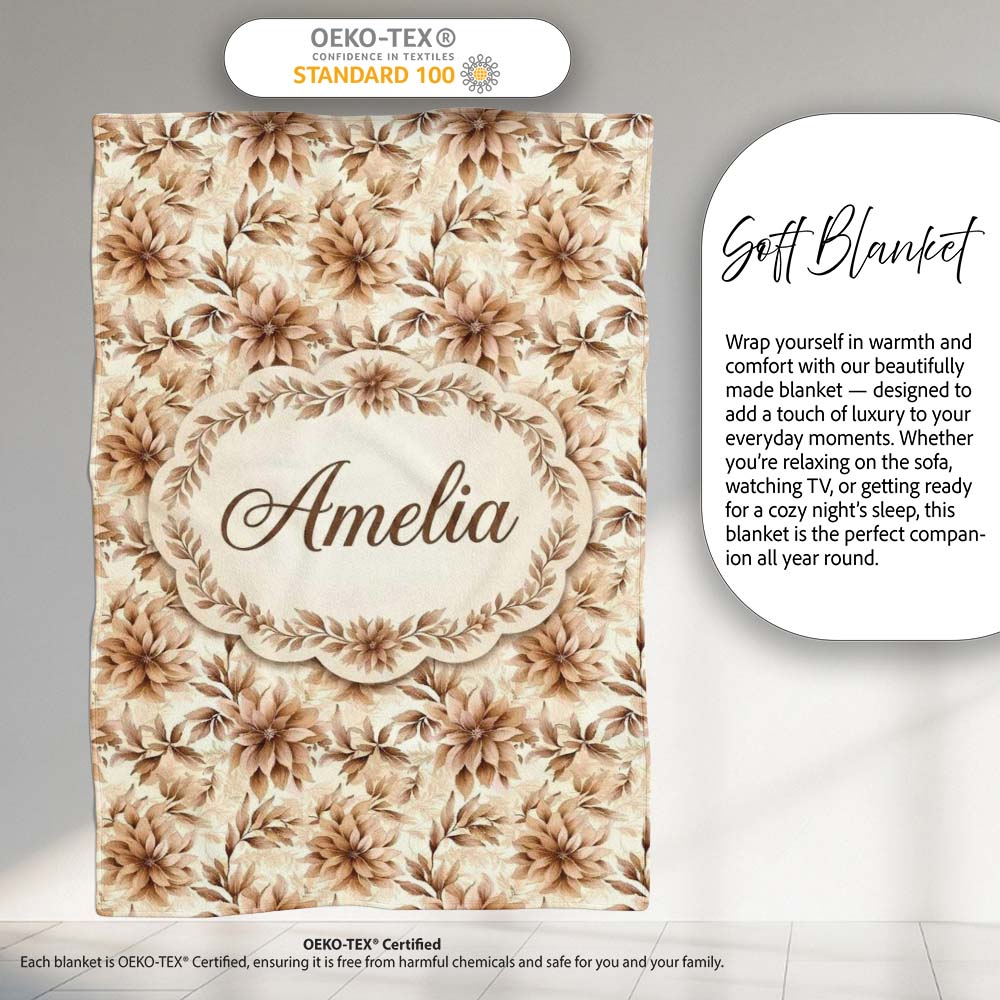 Soft Brown Floral Blossom Vintage Seamless Pattern Name Cute Unique  Personalised Custom Name Super Soft Fleece Blanket Bed Sofa Throw